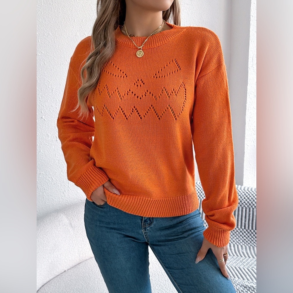 Openwork Round Neck Long Sleeve Sweater
